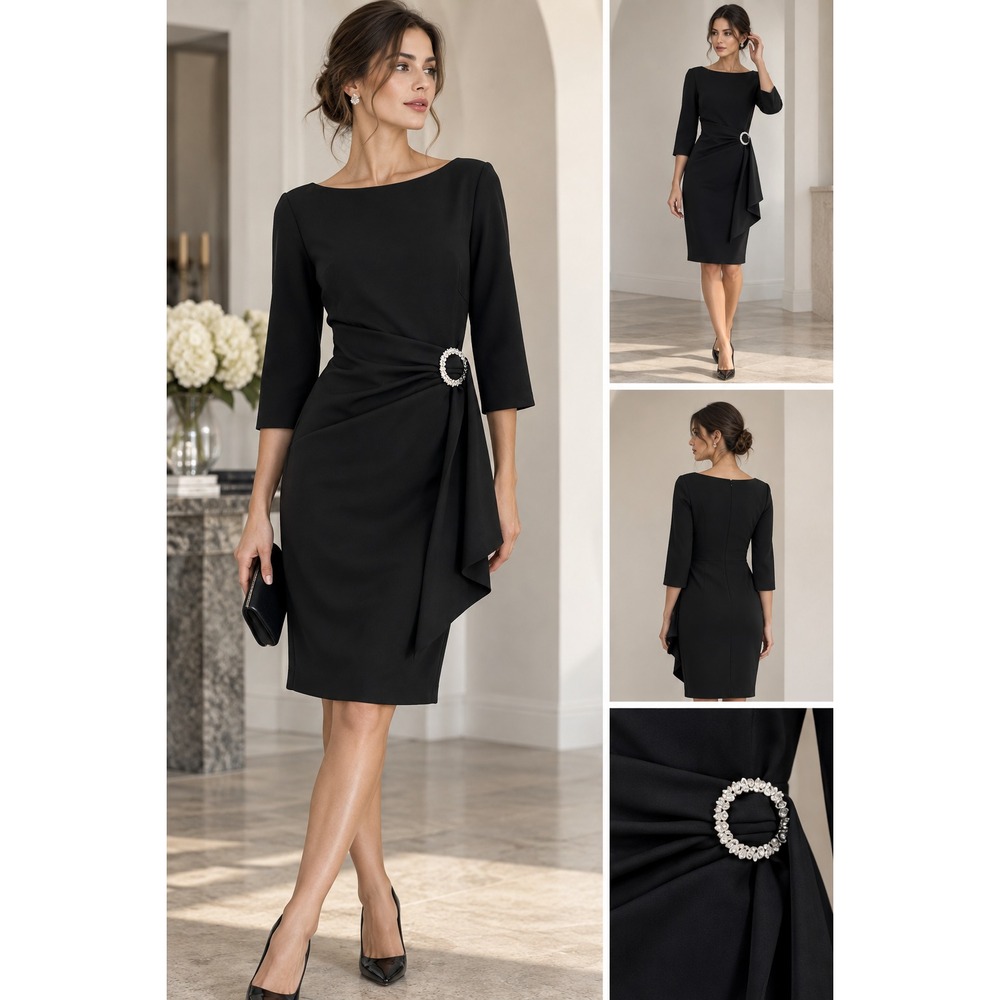 Eliza J Black Scuba Knit Dress Size 12 Rhinestone Buckle Ruched Sheath Elegant